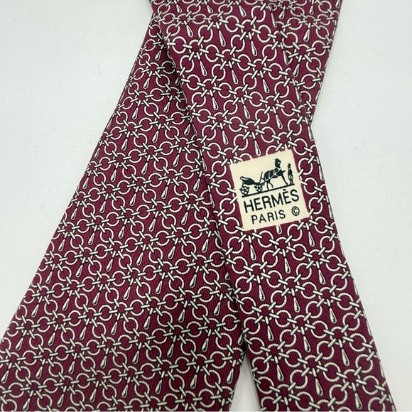 Hermes Mens Tie Paris Silk Burgundy Red & Beige Geometric Links 3”x 55.5” - Picture 1 of 8